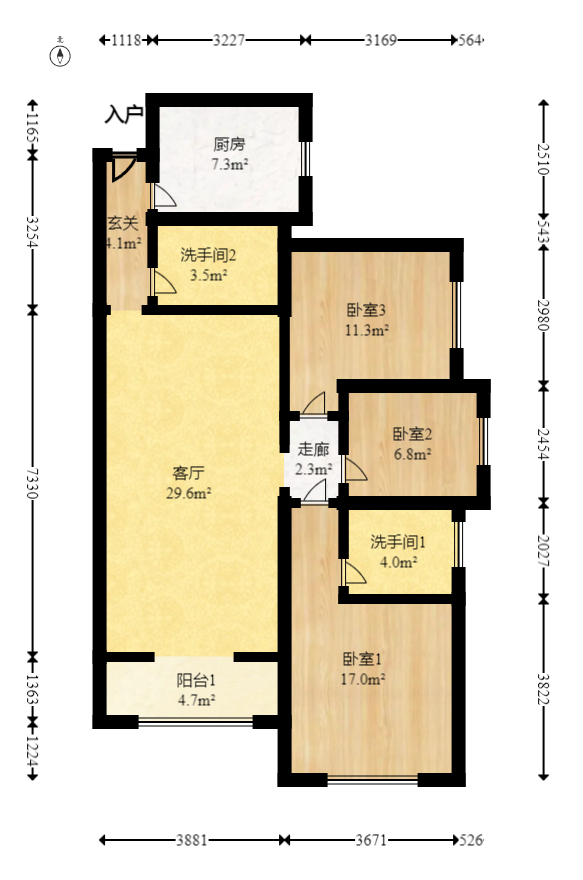 上海城小区  3室2厅2卫   100.00万室内图1