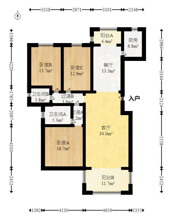 长沙玫瑰园  3室2厅2卫   105.00万室内图1