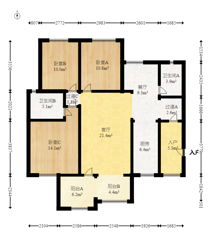 时代倾城一期 3室2厅2卫 114.99万 时代倾城一期 3室2厅2卫 114.99万户型图