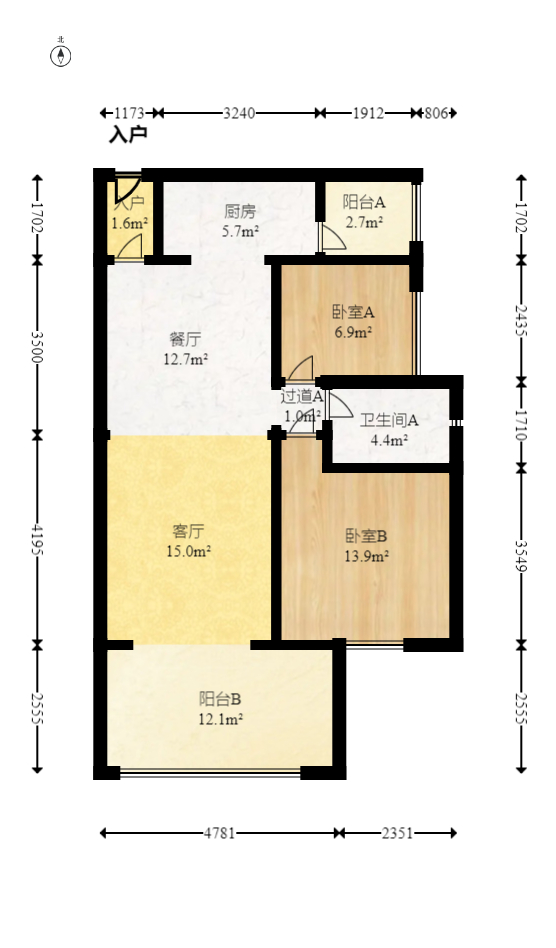 时代倾城二期  2室1厅1卫   68.00万室内图1