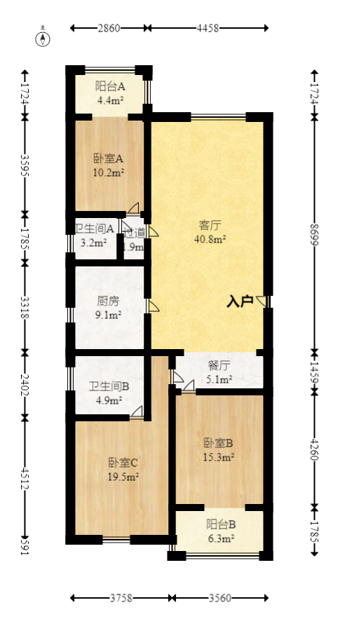 四季美景三期（四季美景水木轩）  3室2厅2卫   95.00万室内图1