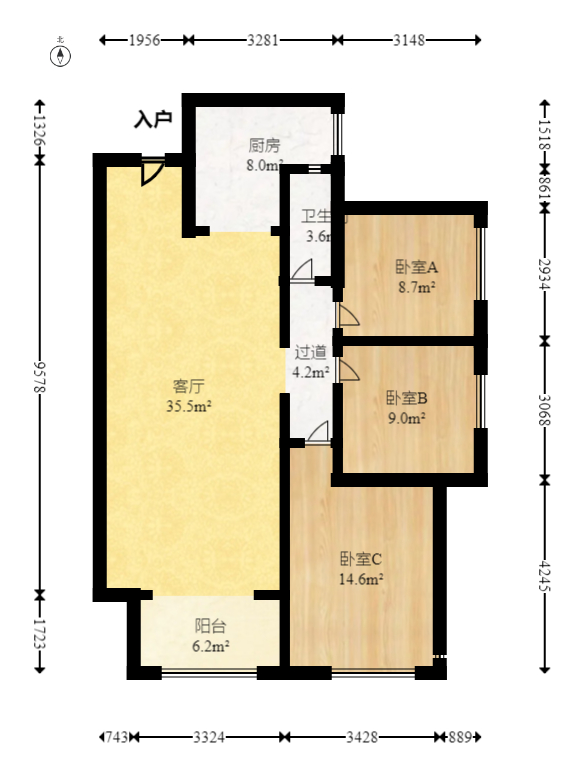 天健城（天健芙蓉盛世三期）  3室2厅1卫   156.00万室内图1