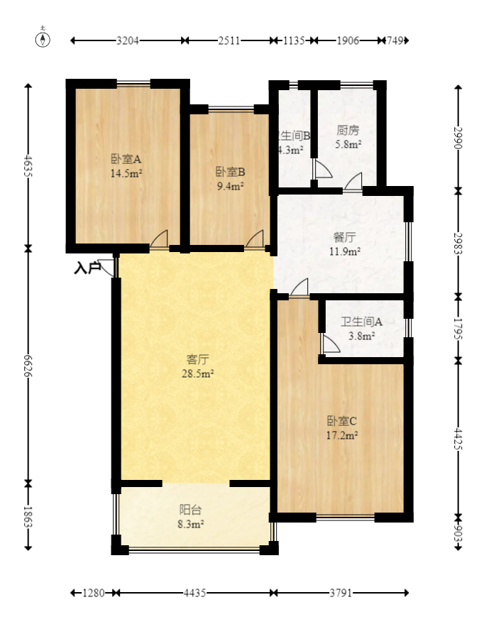 四方小區(qū)  3室2廳1衛(wèi)    84.8萬室內(nèi)圖1