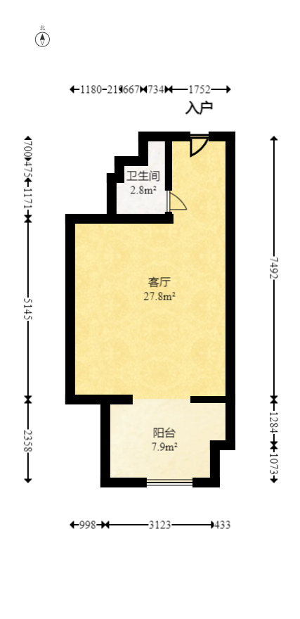观湖公寓  1室1厅1卫    34.98万室内图1