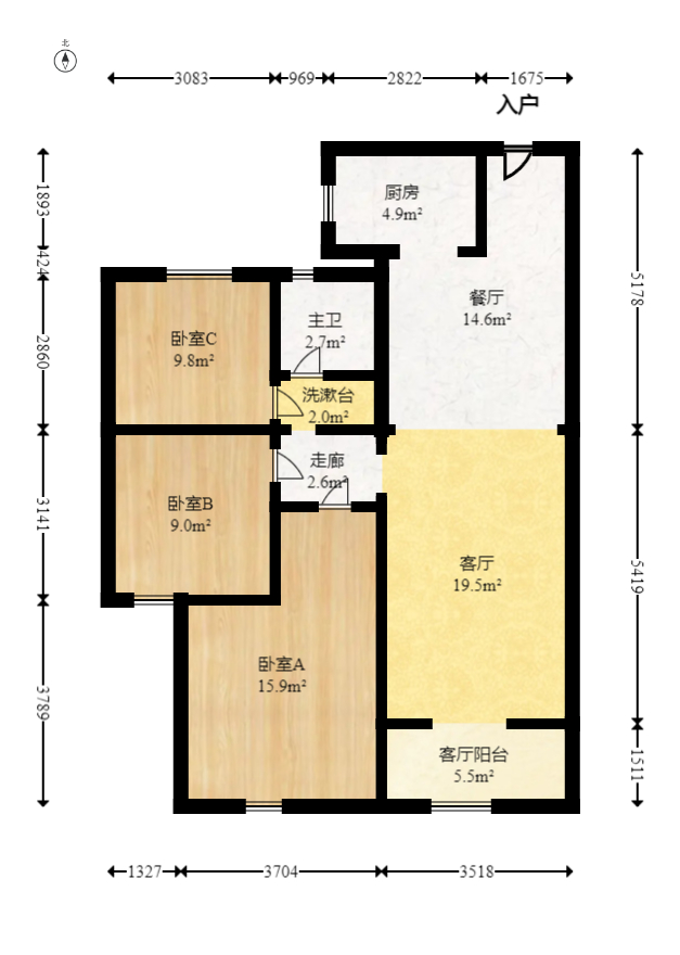 北辰中央公园DF区  3室2厅1卫    102.0万室内图1