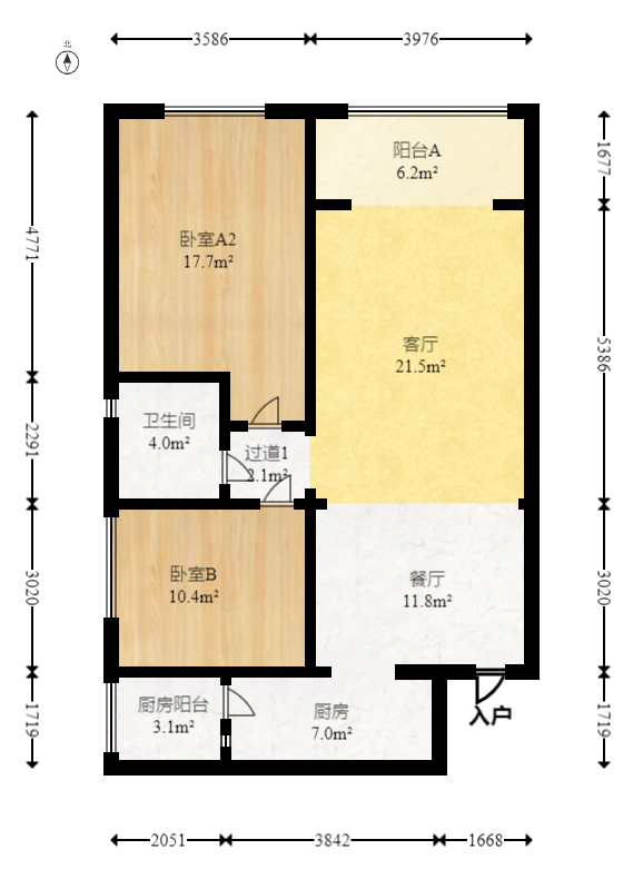 恒大绿洲  2室2厅1卫   107.00万室内图1