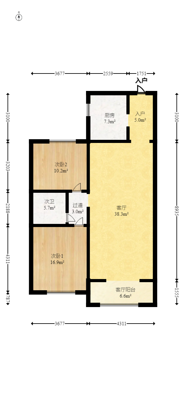 兴威帕克水岸  2室2厅1卫   100.00万室内图1
