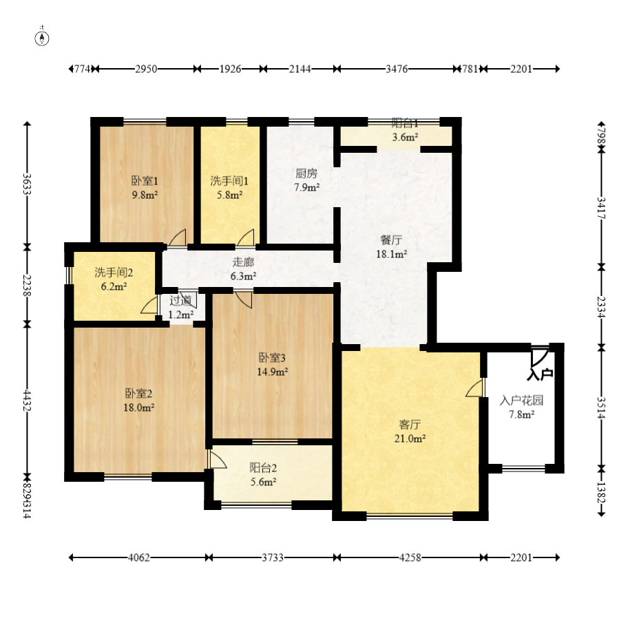 旺景园  3室2厅2卫   119.80万室内图1