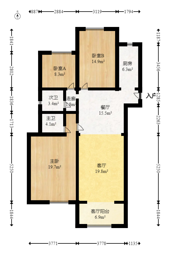 北辰中央公园DF区  3室2厅2卫   116.00万室内图1