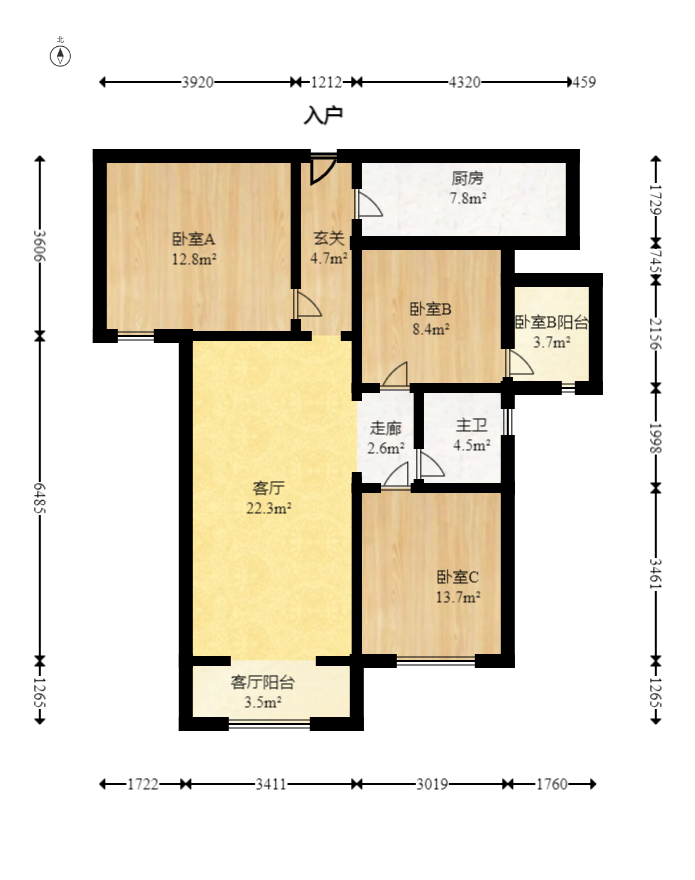 北辰中央公园A区  3室2厅1卫   100.00万室内图1