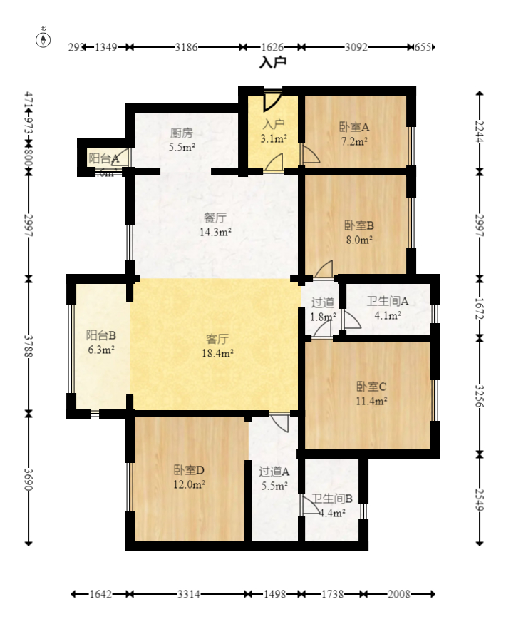 时代倾城二期  3室2厅2卫   120.00万室内图1