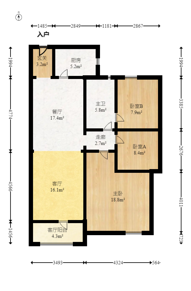 北辰中央公园DF区  3室2厅1卫   116.00万室内图1
