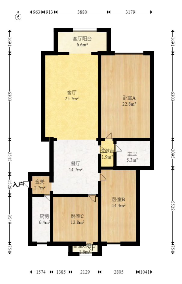 北辰中央公园DF区  3室2厅1卫   129.80万室内图1