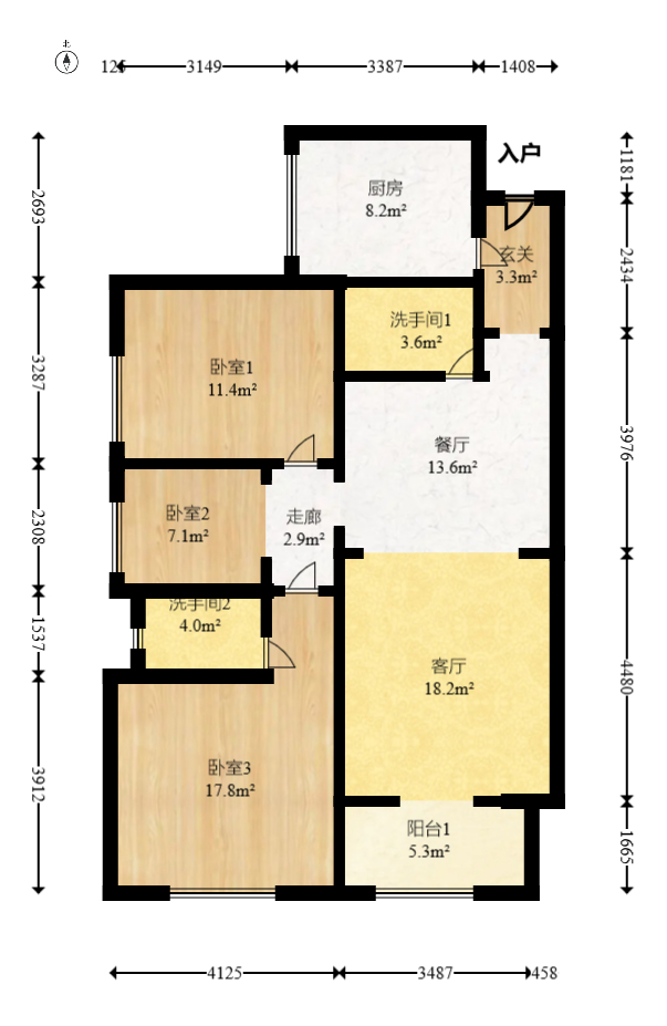 上海城小区  3室2厅1卫   88.00万室内图1