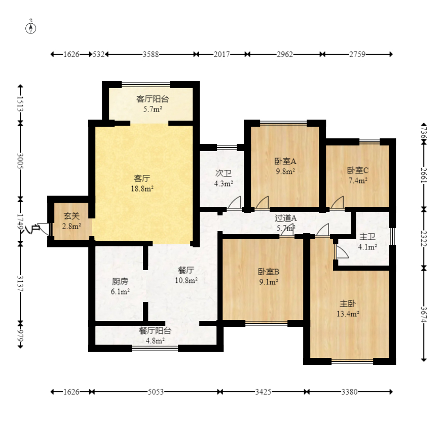 长房云时代  4室2厅2卫   126.00万室内图1
