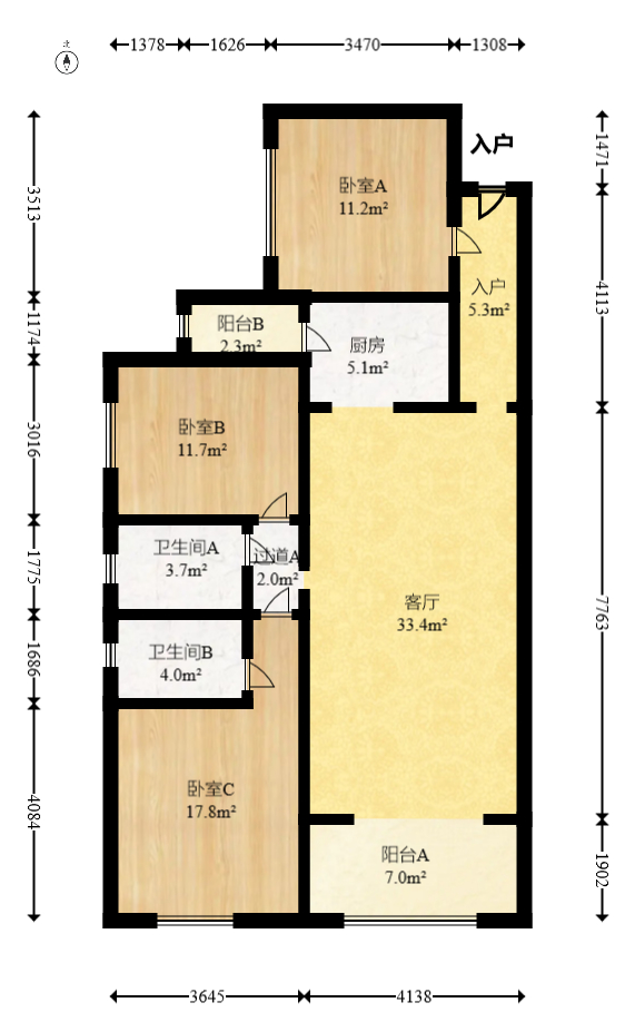 润和又一城  3室2厅2卫   106.00万室内图1