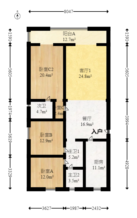 长沙高铁吾悦广场  3室2厅2卫   187.00万室内图1