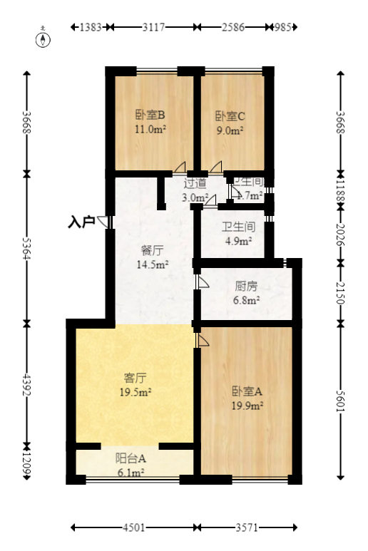 万科金域华府二期  3室2厅1卫   100.00万室内图1