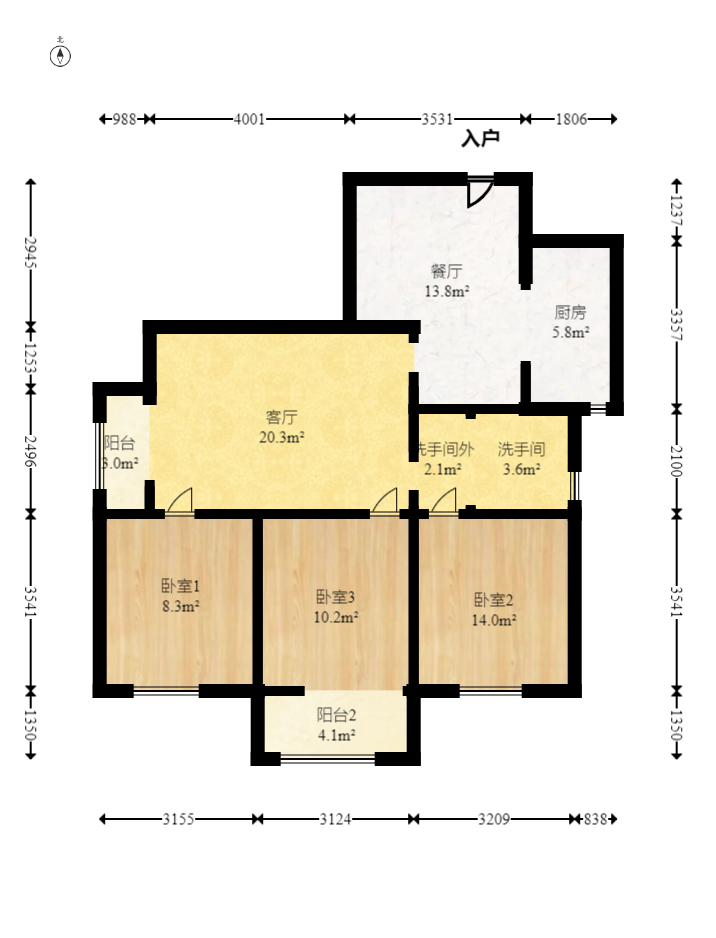 金地格林公馆  3室2厅1卫    118.8万室内图1