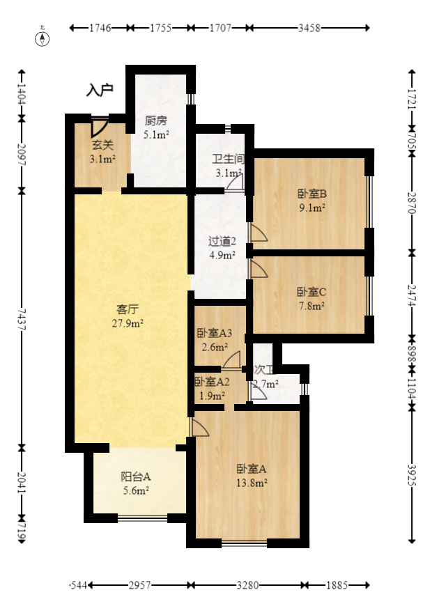 万科魅力之城观澜里  3室2厅2卫    122.8万室内图1