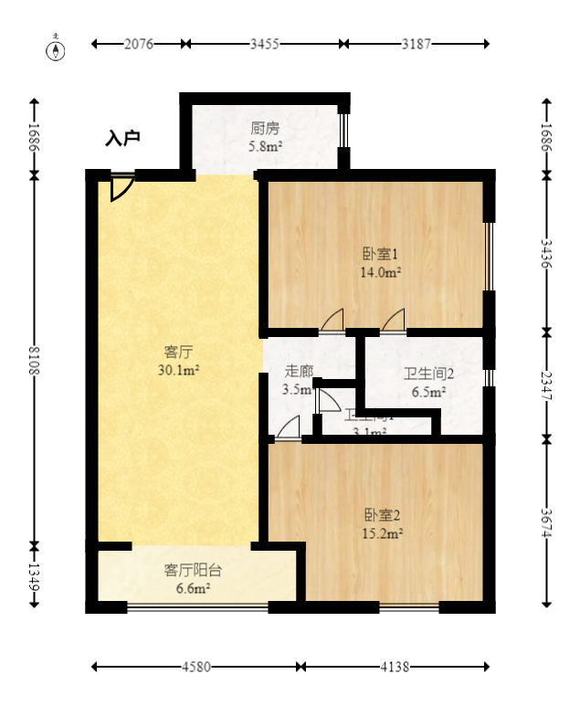 标志浪漫满屋（枫景公寓）  2室2厅1卫   88.00万室内图1