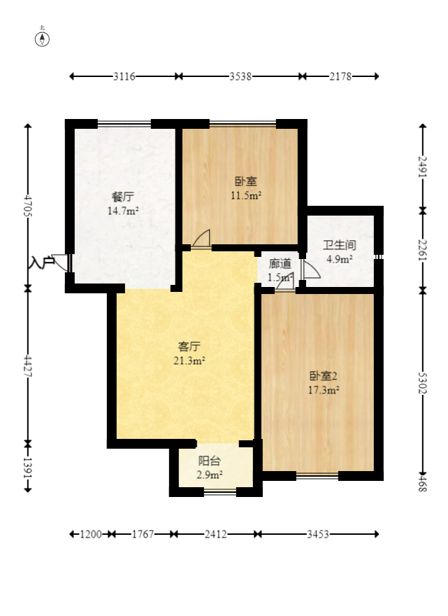 长房时代城  2室2厅1卫   106.00万室内图1