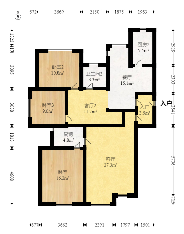 奥克斯缔壹城  3室2厅2卫   135.00万室内图1