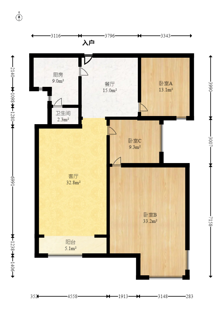 卢浮原著  3室2厅1卫   68.80万室内图1