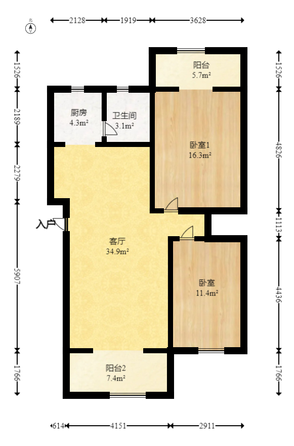 紫薇苑  3室2厅1卫    90.0万室内图1