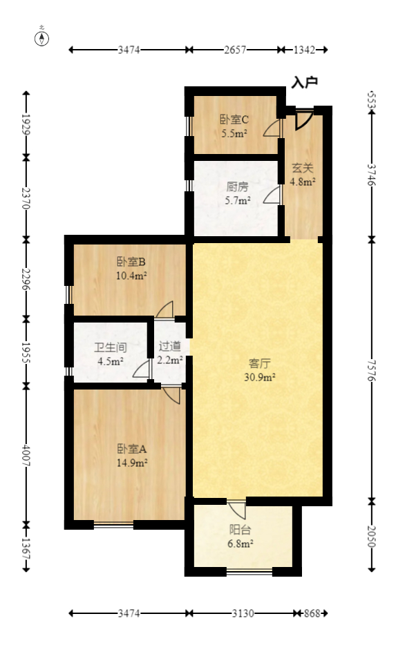 兰亭峰景  2室2厅1卫    106.0万室内图1