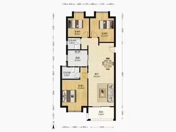 新阳光100大湖第  3室2厅2卫   2500.00元/月户型图