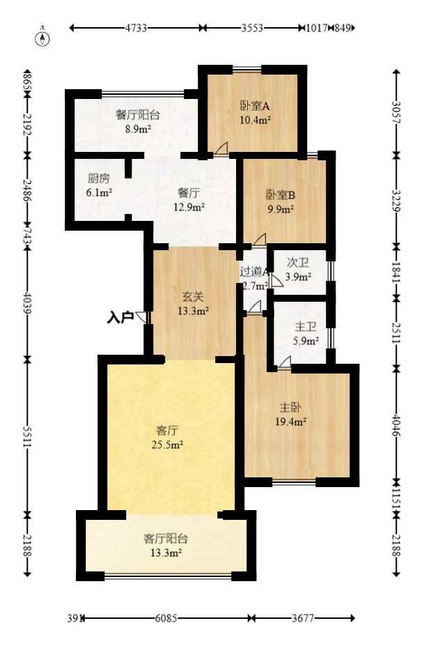 锦湘国际星城三期（锦绣苑）  3室2厅2卫   136.80万室内图1
