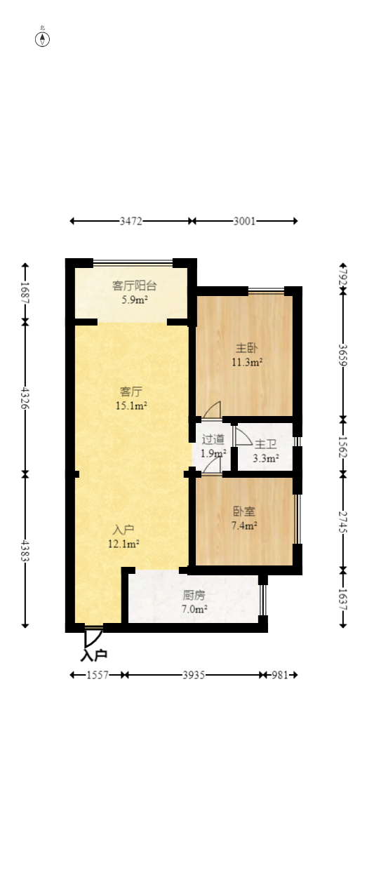 旺德府恺悦国际  2室2厅1卫   60.00万室内图1