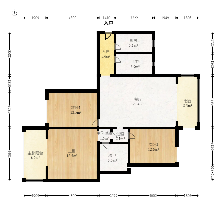 北辰三角洲C3区  3室2厅2卫   215.00万室内图1