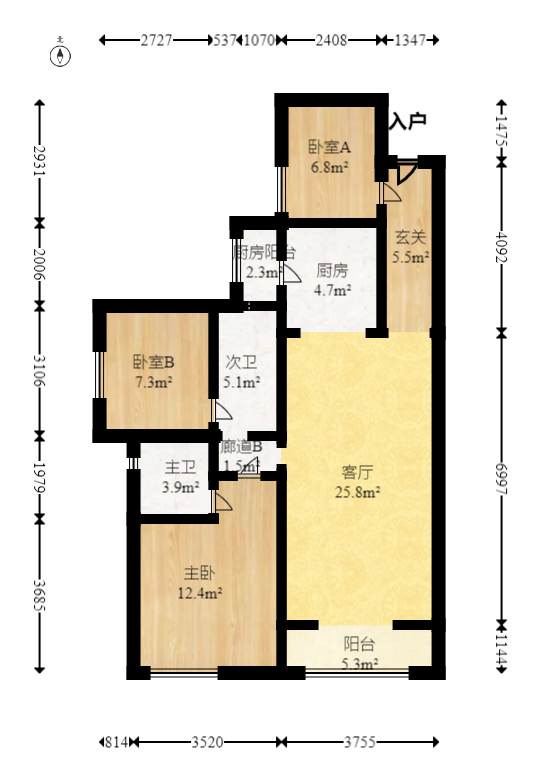 蔷薇国际  3室2厅2卫   78.00万室内图1