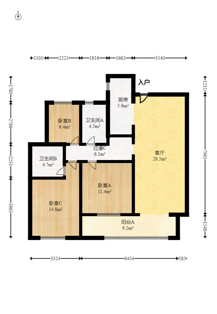 龙湖璟宸原著（龙湖紫宸）  3室2厅1卫   77.00万室内图1