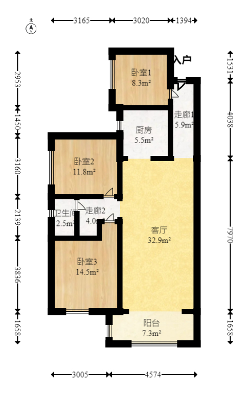 龙骧佳苑  3室2厅1卫   88.00万室内图1