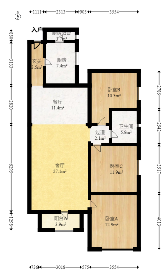 万科金域华府三四期  3室2厅1卫   116.00万室内图1