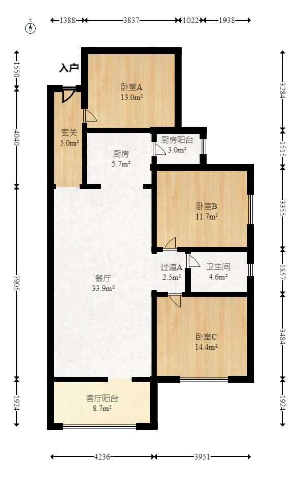 润和又一城  3室2厅1卫   90.00万室内图1