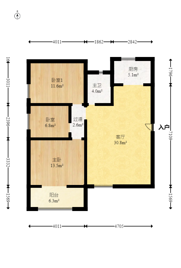 古汉国际广场  3室1厅1卫   105.00万室内图1