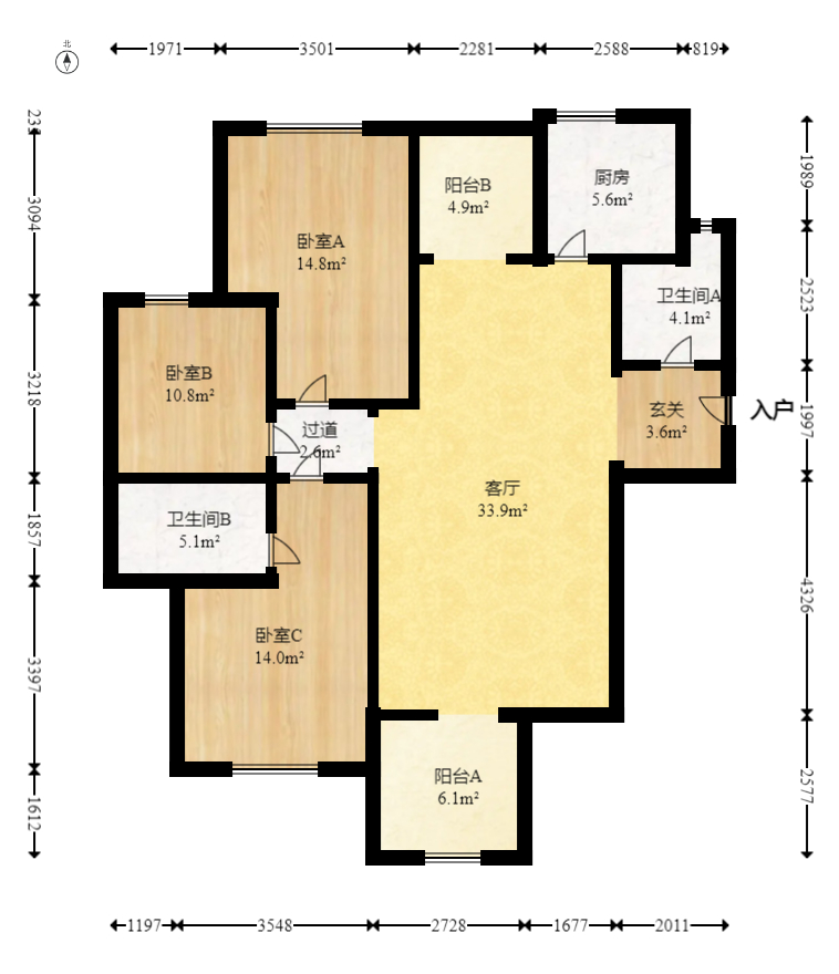 美利新世界  3室2厅2卫   85.00万室内图1