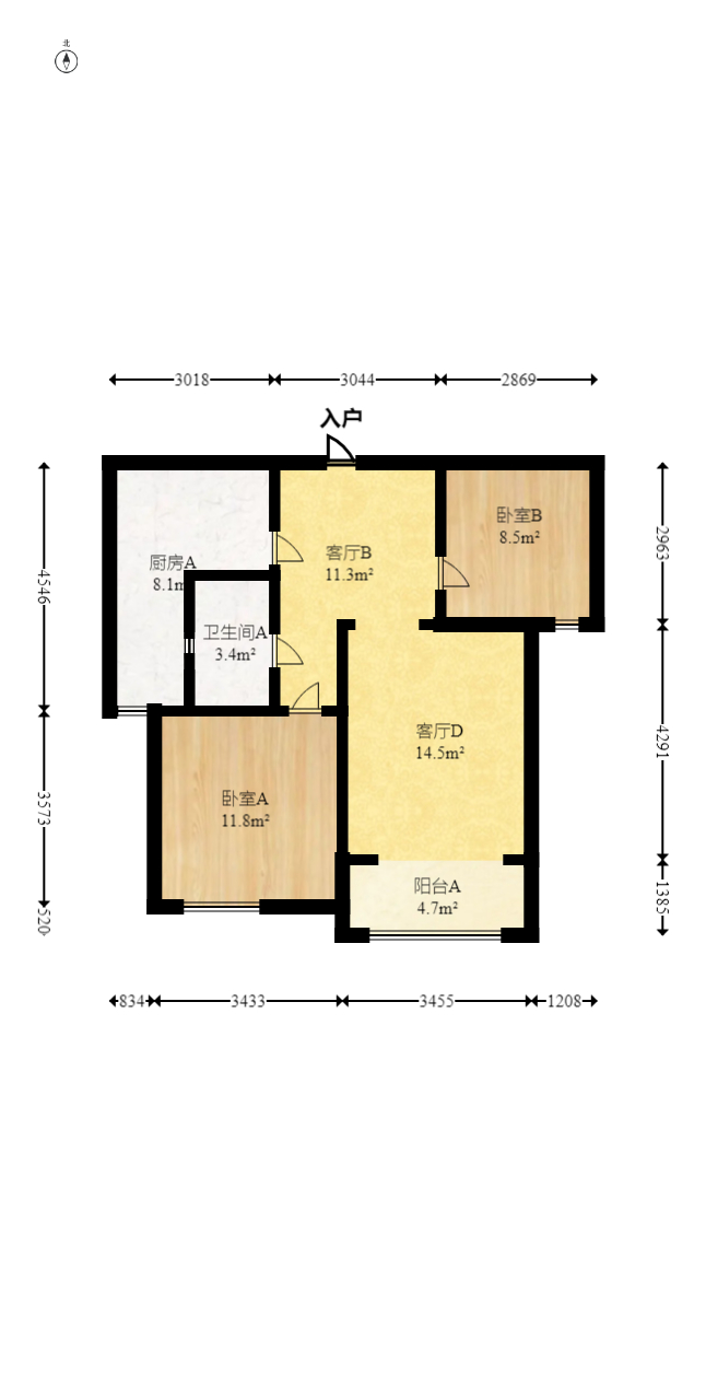 五矿万境水岸一期（万境水岸嘉苑）  2室2厅1卫   107.30万室内图1