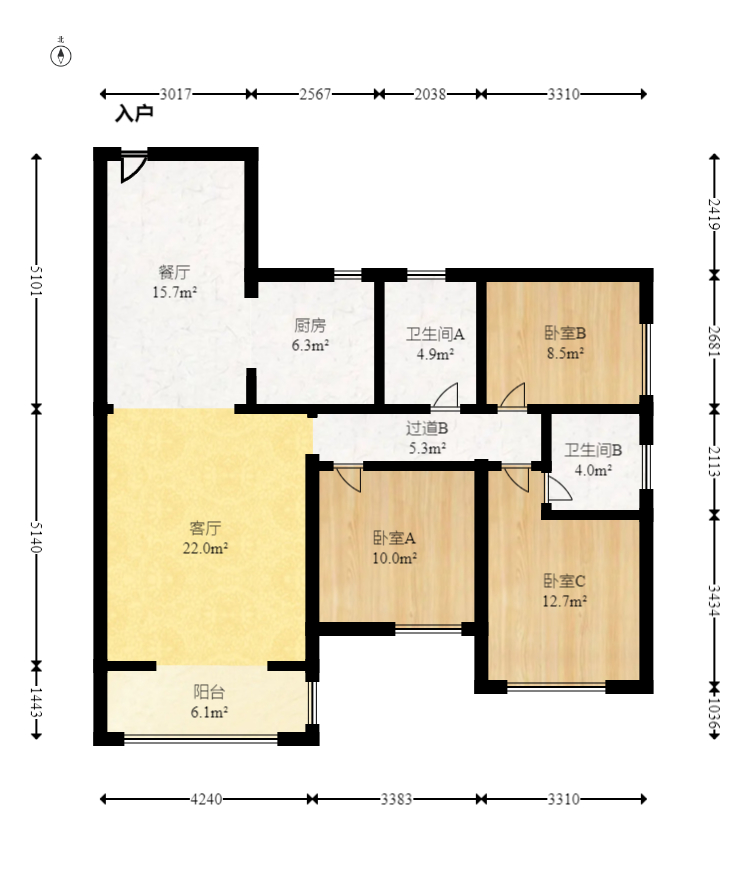 幸福庄园  3室2厅2卫   75.00万室内图1