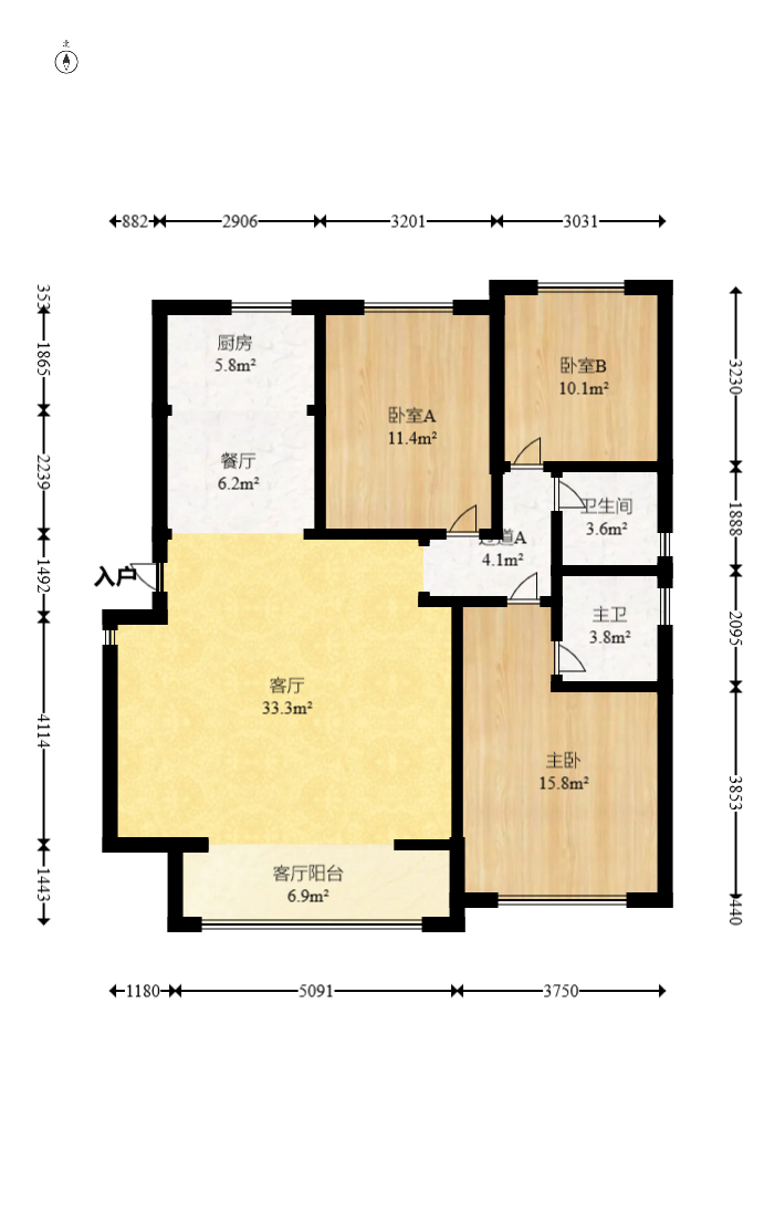 龙湖铂金中心（龙湖春江郦城）  3室2厅2卫    288.88万室内图1