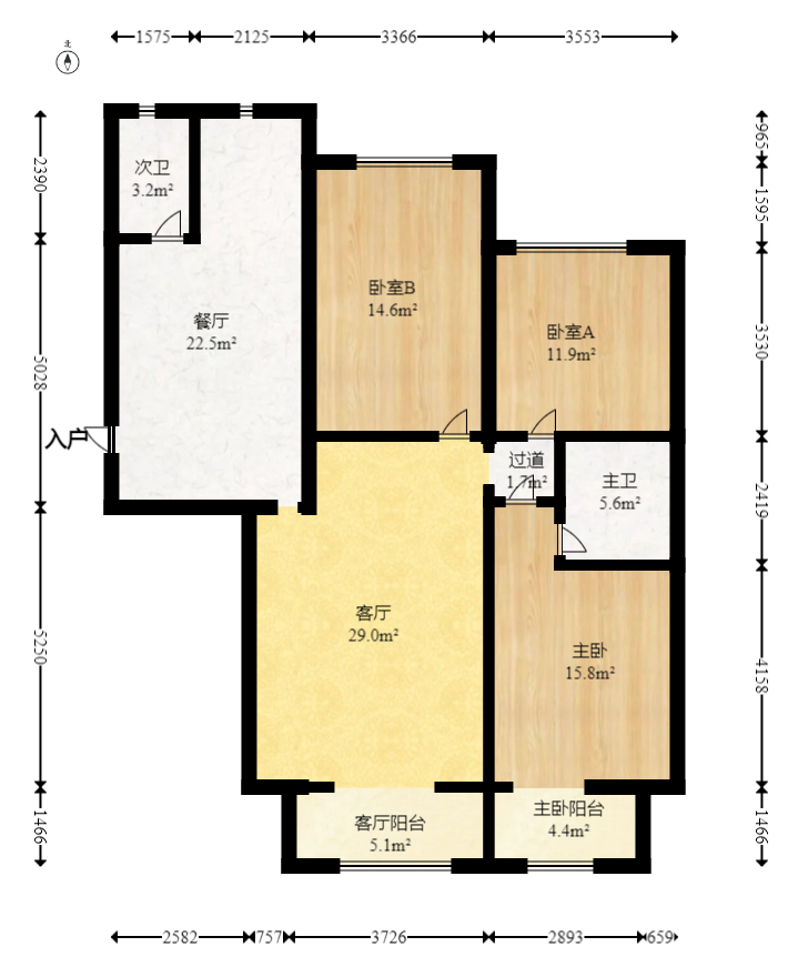 八方小区B区  3室2厅2卫   521.00万室内图1