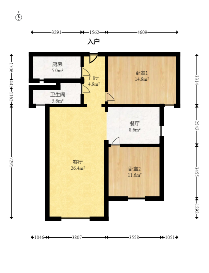 麦芒国际（金恒雅苑）  2室2厅1卫   105.00万室内图1