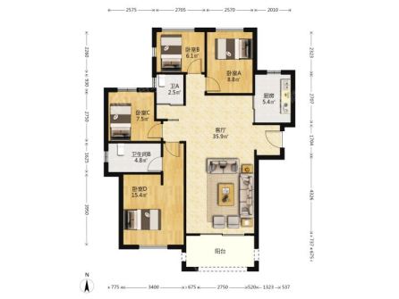 金地艺境  4室1厅2卫   3500.00元/月