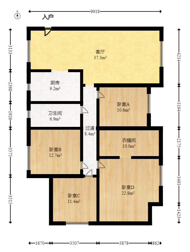 听香水榭  4室2厅2卫   166.00万室内图1
