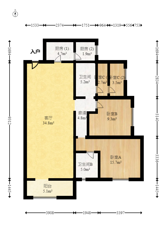 中建梅溪湖中心  3室2厅2卫    153.0万室内图1