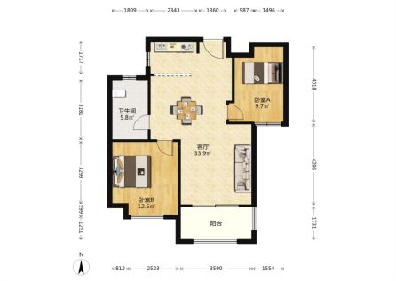 金地艺境  2室2厅1卫   3200.00元/月